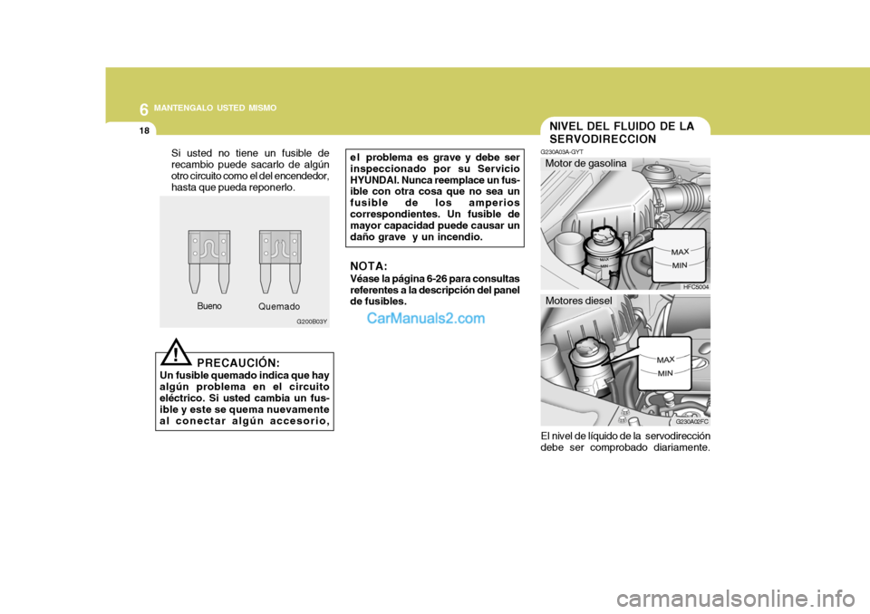 Hyundai Matrix 2006 Manual del propietario (in Spanish) 6
MANTENGALO USTED MISMO
18
NIVEL DEL FLUIDO DE LA
SERVODIRECCIONG230A03A-GYT
HFC5004
G230A02FCMotor de gasolina
Motores diesel
El nivel de líquido de la servodirección
debe ser comprobado diariam Hyundai Matrix 2006 Manual del propietario (in Spanish) 6
MANTENGALO USTED MISMO
18
NIVEL DEL FLUIDO DE LA
SERVODIRECCIONG230A03A-GYT
HFC5004
G230A02FCMotor de gasolina
Motores diesel
El nivel de líquido de la servodirección
debe ser comprobado diariam