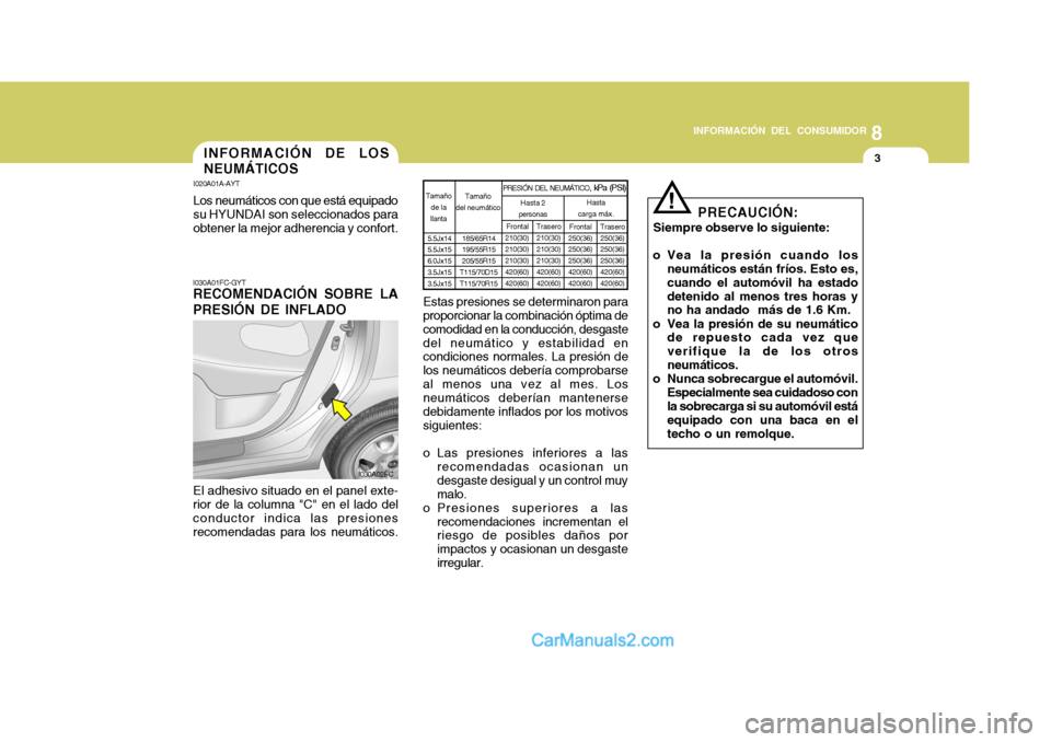 Hyundai Matrix 2006 Manual del propietario (in Spanish) 8
INFORMACIÓN DEL CONSUMIDOR
3
I030A01FC-GYTRECOMENDACIÓN SOBRE LA
PRESIÓN DE INFLADOEl adhesivo situado en el panel exte-
rior de la columna "C" en el lado del
conductor indica las presiones
recom Hyundai Matrix 2006 Manual del propietario (in Spanish) 8
INFORMACIÓN DEL CONSUMIDOR
3
I030A01FC-GYTRECOMENDACIÓN SOBRE LA
PRESIÓN DE INFLADOEl adhesivo situado en el panel exte-
rior de la columna "C" en el lado del
conductor indica las presiones
recom