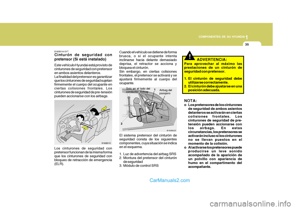 Hyundai Matrix 2006 Manual del propietario (in Spanish) 1
COMPONENTES DE SU HYUNDAI
35
!
B180B02S
Solo en el lado del
conductor Airbag
1
23
Airbag del
pasajero
Cuando el vehículo se detiene de forma
brusca, o si el ocupante intenta
inclinarse hacia delant Hyundai Matrix 2006 Manual del propietario (in Spanish) 1
COMPONENTES DE SU HYUNDAI
35
!
B180B02S
Solo en el lado del
conductor Airbag
1
23
Airbag del
pasajero
Cuando el vehículo se detiene de forma
brusca, o si el ocupante intenta
inclinarse hacia delant