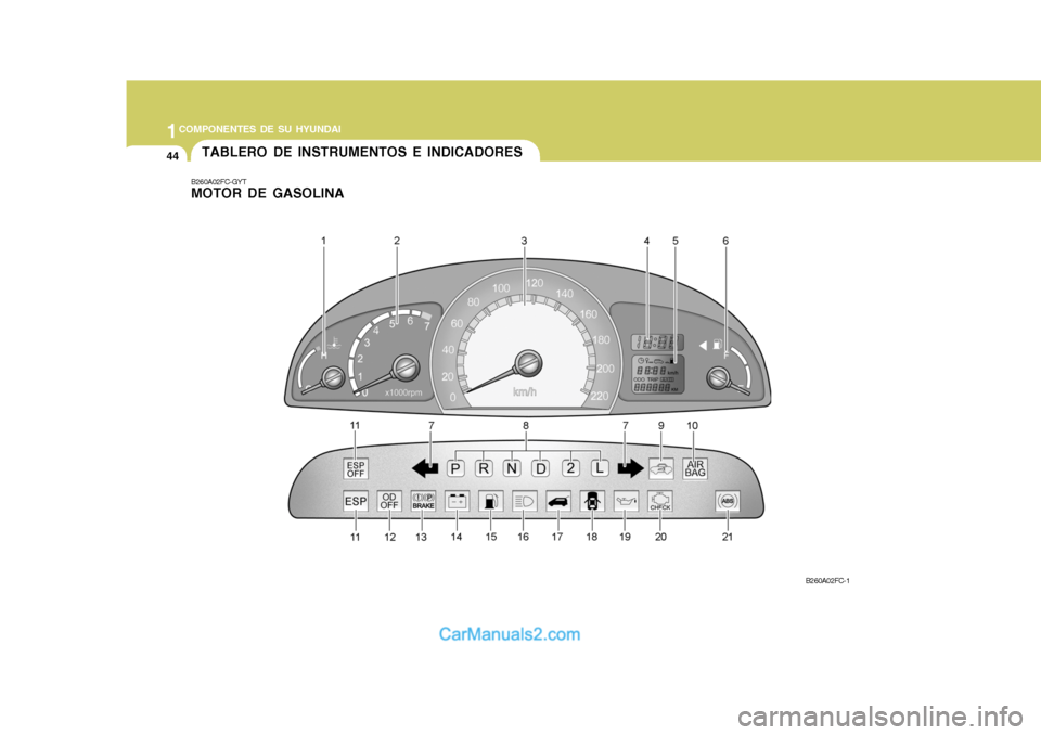 Hyundai Matrix 2006  Manual del propietario (in Spanish) 1COMPONENTES DE SU HYUNDAI44
TABLERO DE INSTRUMENTOS E INDICADORESB260A02FC-GYTMOTOR DE GASOLINA
B260A02FC-1  