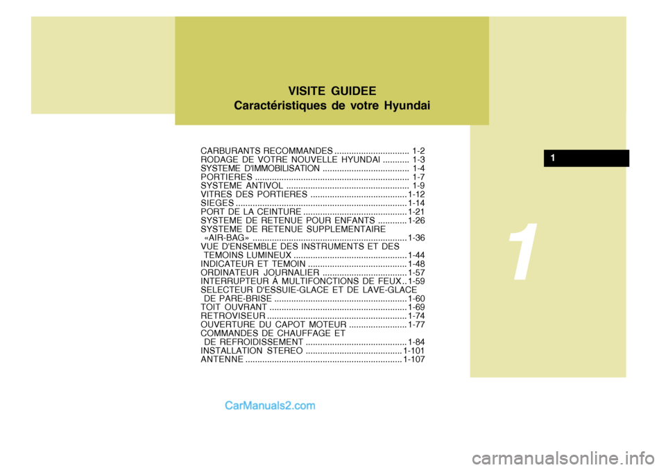 Hyundai Matrix 2006  Manuel du propriétaire (in French) VISITE GUIDEE
Caractéristiques de votre Hyundai
CARBURANTS RECOMMANDES ............................... 1-2 
RODAGE DE VOTRE NOUVELLE HYUNDAI ........... 1-3 SYSTEME DIMMOBILISATION .................