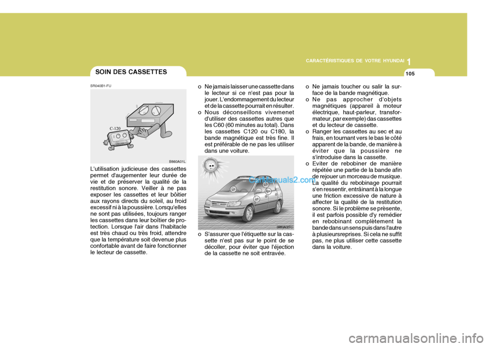 Hyundai Matrix 2006  Manuel du propriétaire (in French) 1
CARACTÉRISTIQUES DE VOTRE HYUNDAI
105
1
CARACTÉRISTIQUES DE VOTRE HYUNDAI
105
1
CARACTÉRISTIQUES DE VOTRE HYUNDAI
105
1
CARACTÉRISTIQUES DE VOTRE HYUNDAI
105SOIN DES CASSETTES
SR040B1-FU Lutili