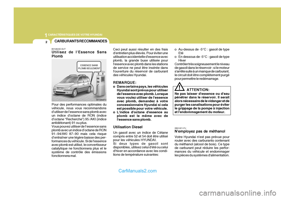 Hyundai Matrix 2006  Manuel du propriétaire (in French) 1CARACTÉRISTIQUES DE VOTRE HYUNDAI
2
B010A02FC
CARBURANTS RECOMMANDES
B010A03O-GUT Utilisez de lEssence Sans Plomb Pour des performances optimales du véhicule, nous vous recommandons d’utiliser d