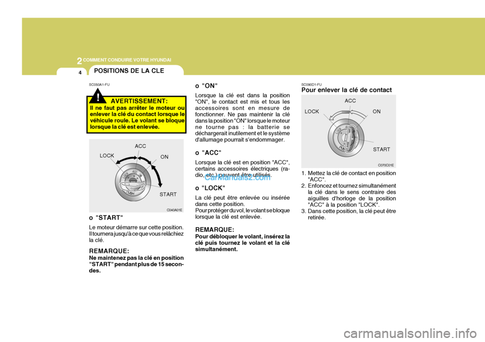 Hyundai Matrix 2006  Manuel du propriétaire (in French) 2COMMENT CONDUIRE VOTRE HYUNDAI
4POSITIONS DE LA CLE
C070C01E
SC090D1-FU Pour enlever la clé de contact 
1. Mettez la clé de contact en position
"ACC".
2. Enfoncez et tournez simultanément
la clé 