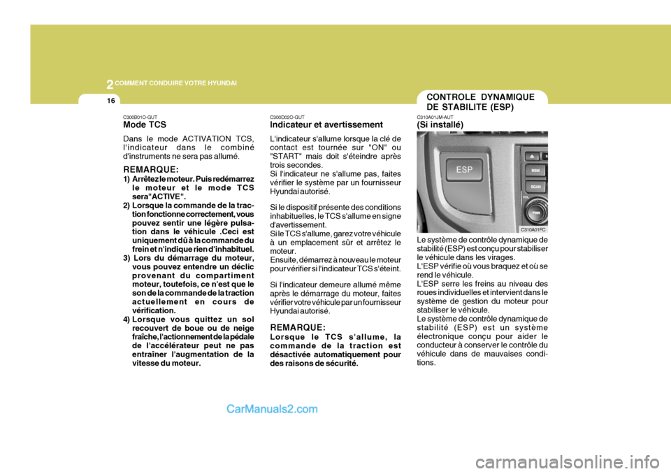 Hyundai Matrix 2006  Manuel du propriétaire (in French) 2COMMENT CONDUIRE VOTRE HYUNDAI
16
C300B01O-GUT Mode TCS Dans le mode ACTIVATION TCS, lindicateur dans le combiné dinstruments ne sera pas allumé. REMARQUE: 
1) Arrêtez le moteur. Puis redémarre