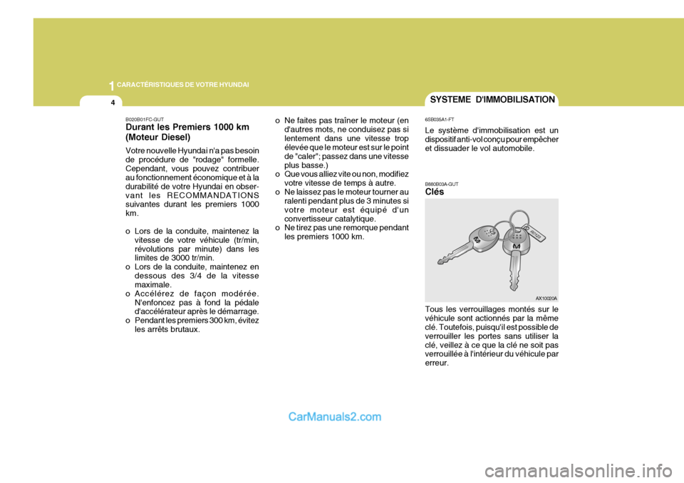 Hyundai Matrix 2006  Manuel du propriétaire (in French) 1CARACTÉRISTIQUES DE VOTRE HYUNDAI
4SYSTEME DIMMOBILISATION
B020B01FC-GUT Durant les Premiers 1000 km (Moteur Diesel) Votre nouvelle Hyundai na pas besoin de procédure de "rodage" formelle.Cependa