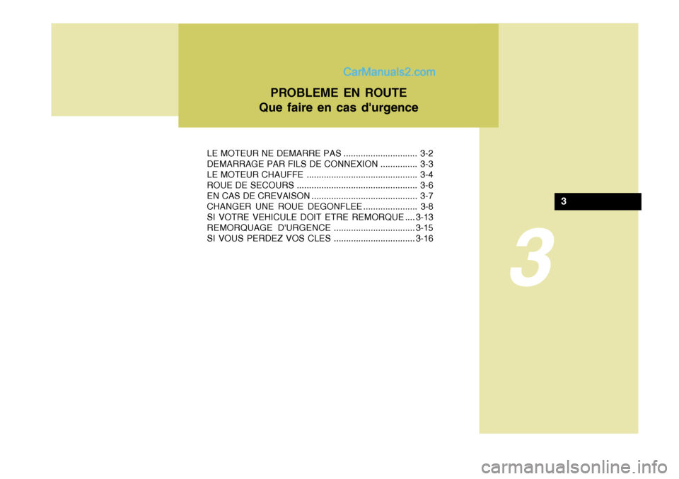 Hyundai Matrix 2006  Manuel du propriétaire (in French) 3
LE MOTEUR NE DEMARRE PAS .............................. 3-2 
DEMARRAGE PAR FILS DE CONNEXION ............... 3-3
LE MOTEUR CHAUFFE ............................................. 3-4
ROUE DE SECOURS .