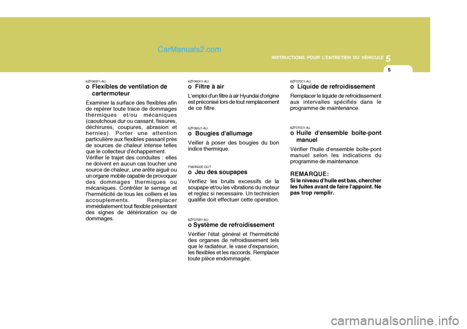Hyundai Matrix 2006  Manuel du propriétaire (in French) 5
INSTRUCTIONS POUR LENTRETIEN DU VÉHICULE
5
6ZF060F1-AU
o Flexibles de ventilation de
cartermoteur
Examiner la surface des flexibles afin de repérer toute trace de dommages thermiques et/ou mécan