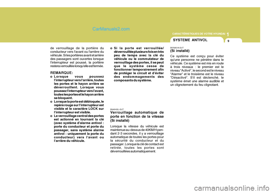 Hyundai Matrix 2006  Manuel du propriétaire (in French) 1
CARACTÉRISTIQUES DE VOTRE HYUNDAI
9SYSTEME ANTIVOL
B070A01A-GUT (Si installé) Ce système est conçu pour éviter quune personne ne pénètre dans levéhicule. Ce système est mis en route à tro
