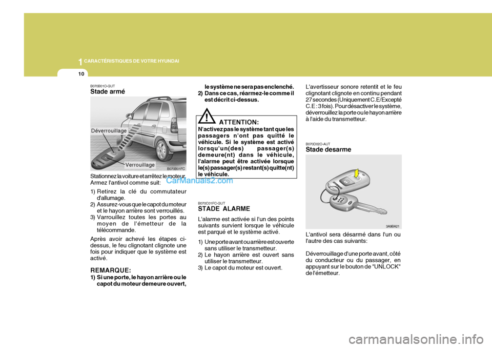 Hyundai Matrix 2006  Manuel du propriétaire (in French) 1CARACTÉRISTIQUES DE VOTRE HYUNDAI
10
B070D02O-AUT Stade desarme
3A9BA21
Lantivol sera désarmé dans lun ou lautre des cas suivants: Déverrouillage dune porte avant, côté du conducteur ou du 