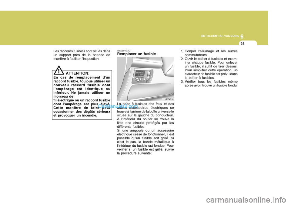 Hyundai Matrix 2006  Manuel du propriétaire (in French) 6
ENTRETIEN PAR VOS SOINS
25
G200B01E-AUT
Remplacer un fusible
!
La boîte à fusibles des feux et des
autres accessoires électriques se trouve à larrière de la boîte universelle située sur la g
