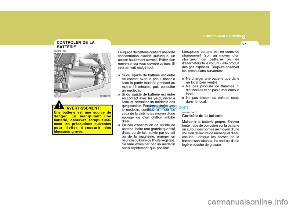 Hyundai Matrix 2006  Manuel du propriétaire (in French) 6
ENTRETIEN PAR VOS SOINS
27
!
CONTROLER DE LA BATTERIE
SG210A1-FU
AVERTISSEMENT:
Une batterie est une source de danger. En manipulant une batterie, observez scrupuleuse-ment les précautions suivante