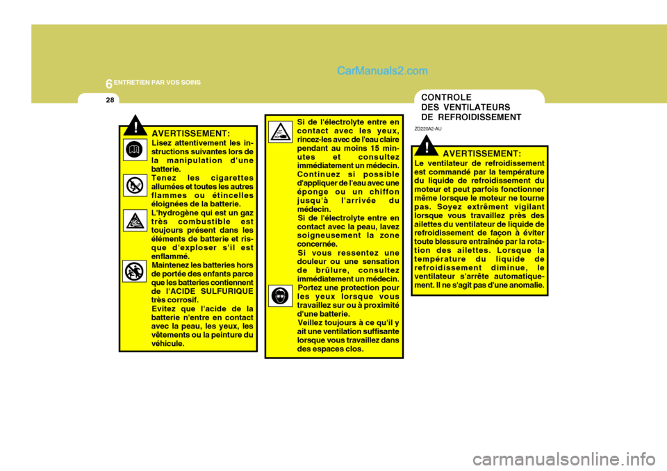 Hyundai Matrix 2006  Manuel du propriétaire (in French) 6ENTRETIEN PAR VOS SOINS
28CONTROLE DES VENTILATEURSDE REFROIDISSEMENT
!
ZG220A2-AU
AVERTISSEMENT:
Le ventilateur de refroidissement
est commandé par la température du liquide de refroidissement du 