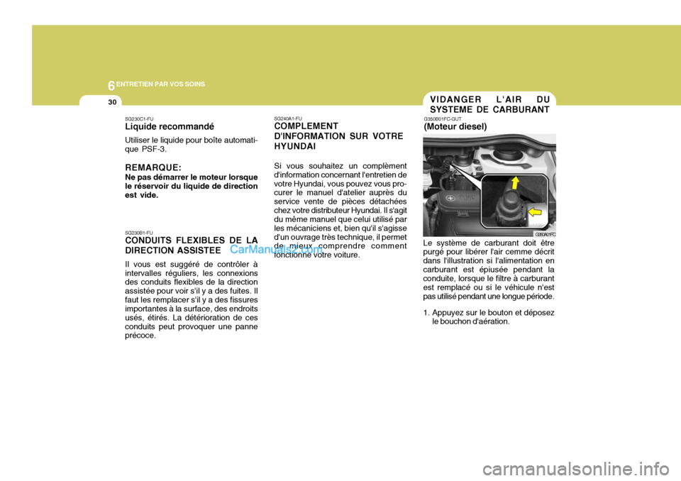 Hyundai Matrix 2006  Manuel du propriétaire (in French) 6ENTRETIEN PAR VOS SOINS
30
Le système de carburant doit être
purgé pour libérer lair cemme décrit dans lillustration si lalimentation encarburant est épiusée pendant la conduite, lorsque le
