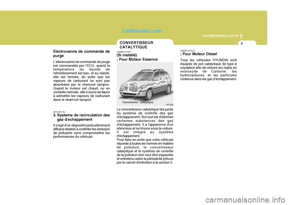Hyundai Matrix 2006  Manuel du propriétaire (in French) 7
SYSTEME ANTIPOLLUTION
3
Electrovanne de commande de purge
Le convertisseur catalytique fait partie
du système de contrôle des gaz déchappement. Son but est déliminer certaines substances des g