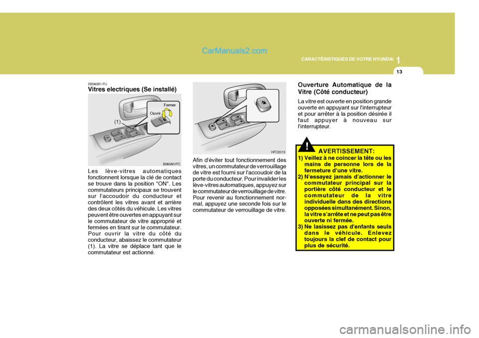 Hyundai Matrix 2006  Manuel du propriétaire (in French) 1
CARACTÉRISTIQUES DE VOTRE HYUNDAI
13
!
Fermer
B060A01FC
(1) Ouvrir
SB060B1-FU Vitres electriques (Se installé) Les lève-vitres automatiques fonctionnent lorsque la clé de contact se trouve dans 