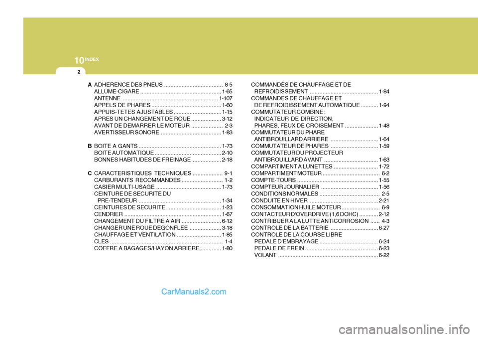 Hyundai Matrix 2006  Manuel du propriétaire (in French) 10INDEX
2
AADHERENCE DES PNEUS ..................................... 8-5
ALLUME-CIGARE ................................................... 1-65
ANTENNE ................................................