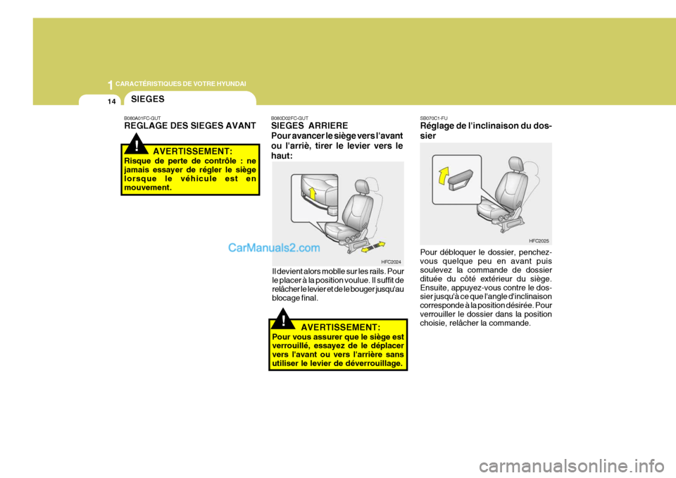 Hyundai Matrix 2006  Manuel du propriétaire (in French) 1CARACTÉRISTIQUES DE VOTRE HYUNDAI
14
!
!
SIEGES
B080A01FC-GUT REGLAGE DES SIEGES AVANT
AVERTISSEMENT:
Risque de perte de contrôle : ne jamais essayer de régler le siège lorsque le véhicule est e