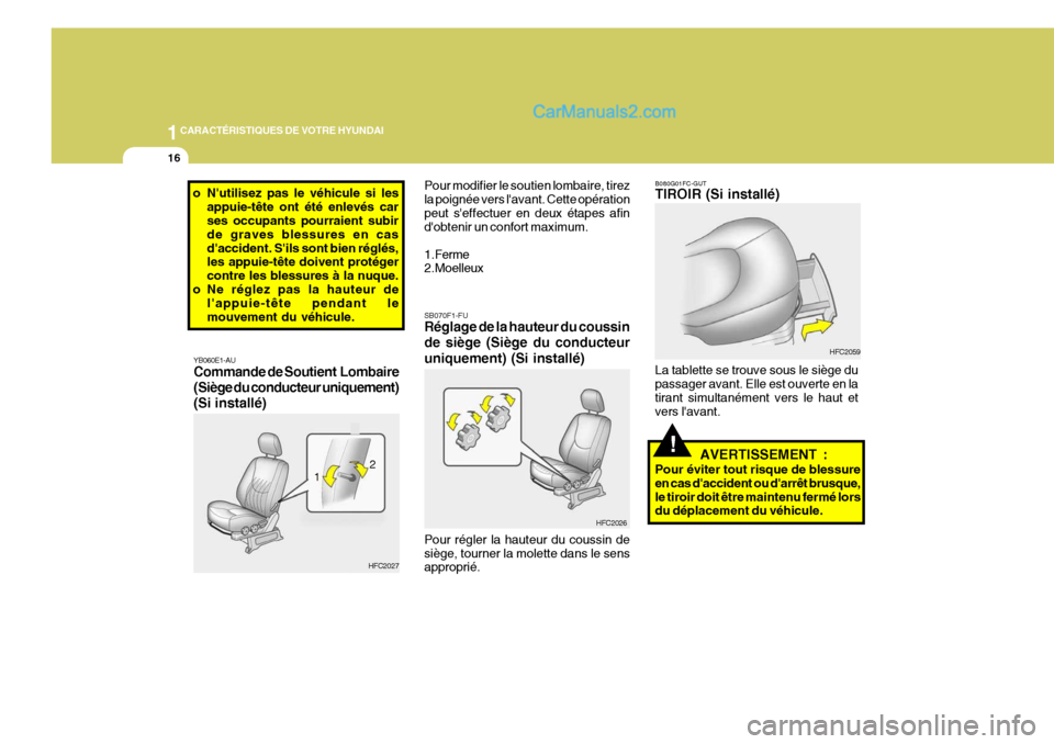 Hyundai Matrix 2006  Manuel du propriétaire (in French) 1CARACTÉRISTIQUES DE VOTRE HYUNDAI
16
YB060E1-AU Commande de Soutient  Lombaire 
(Siège du conducteur uniquement)(Si installé) Pour modifier le soutien lombaire, tirez la poignée vers lavant. Cet