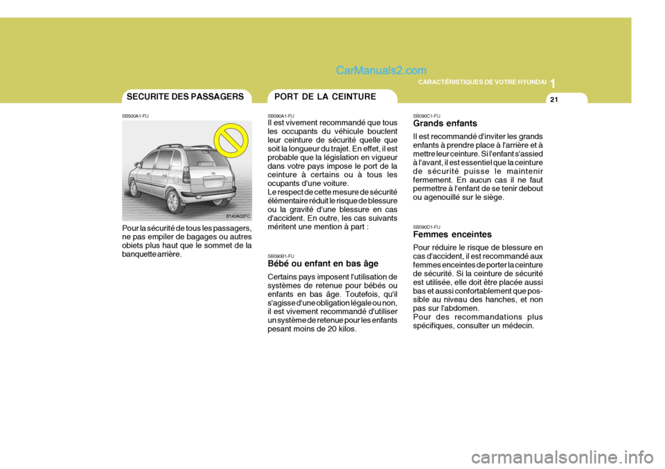 Hyundai Matrix 2006  Manuel du propriétaire (in French) 1
CARACTÉRISTIQUES DE VOTRE HYUNDAI
21
SB090A1-FU Il est vivement recommandé que tous les occupants du véhicule bouclentleur ceinture de sécurité quelle que soit la longueur du trajet. En effet, 
