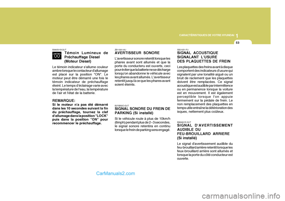 Hyundai Matrix 2006  Manuel du propriétaire (in French) 1
CARACTÉRISTIQUES DE VOTRE HYUNDAI
53
SB210S1-FU SIGNAL ACOUSTIQUE SIGNALANT LUSUREDES PLAQUETTES DE FREIN Les plaquettes des freins avant à disque comportent des indicateurs dusure qui signalent
