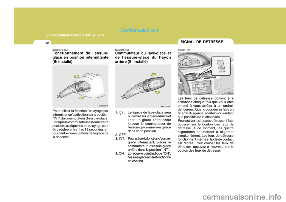 Hyundai Matrix 2006  Manuel du propriétaire (in French) 1CARACTÉRISTIQUES DE VOTRE HYUNDAI
62
B350A01O-AUT Commutateur du lave-glace et de lessuie-glace du hayonarrière (Si installé)
1.      : Le liquide de lave-glace sera pulvérisé sur la glace arri