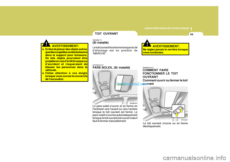 Hyundai Matrix 2006  Manuel du propriétaire (in French) 1
CARACTÉRISTIQUES DE VOTRE HYUNDAI
69
B460B02S-AUT COMMENT FAIRE FONCTIONNER LE TOITOUVRANT Comment ouvrir ou fermer le toit ouvrant
Le toit ouvrant souvre ou se ferme électriquement.
HFC2021
AVER