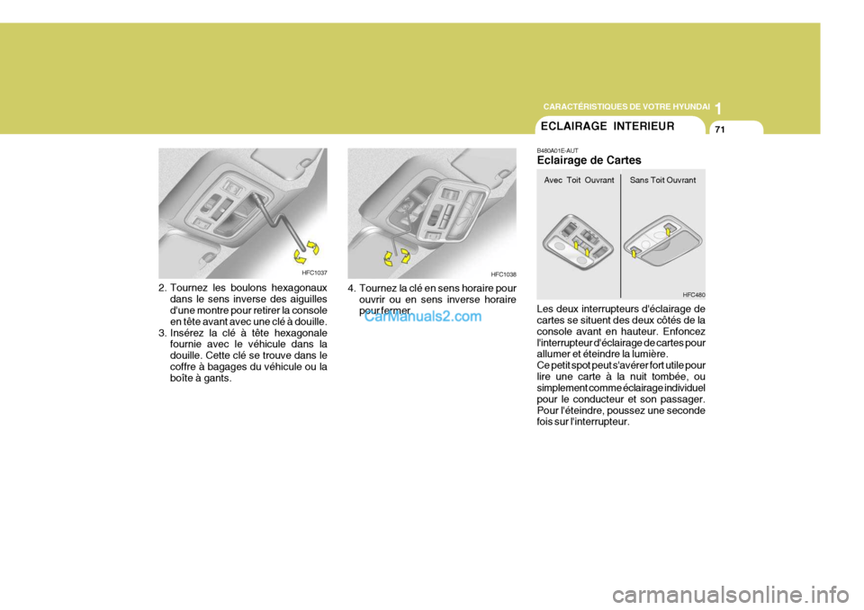 Hyundai Matrix 2006  Manuel du propriétaire (in French) 1
CARACTÉRISTIQUES DE VOTRE HYUNDAI
71
Les deux interrupteurs déclairage de cartes se situent des deux côtés de la console avant en hauteur. Enfoncezlinterrupteur déclairage de cartes pour all