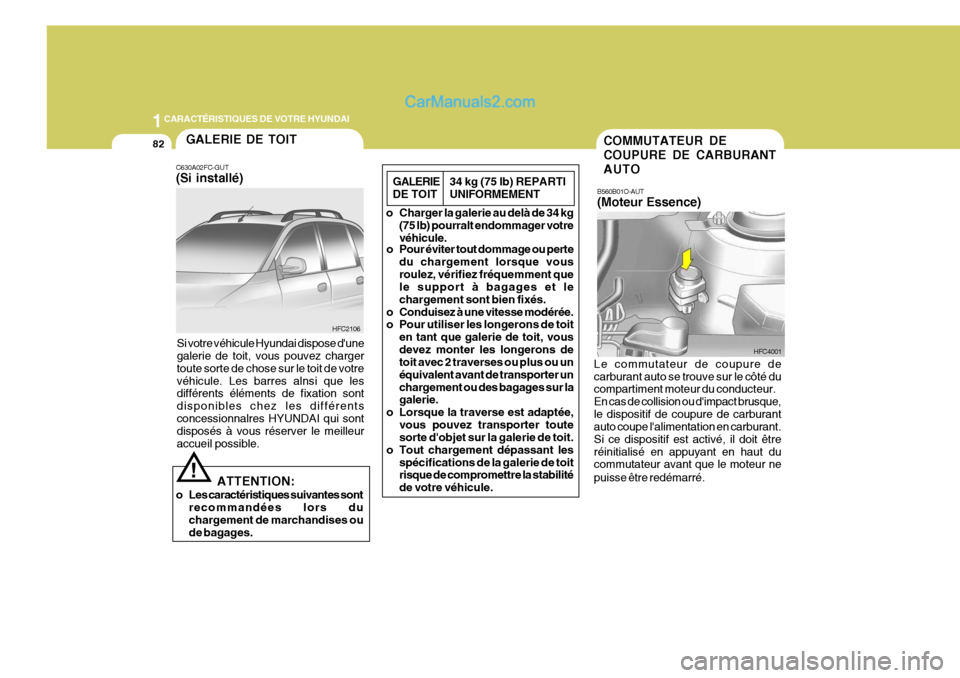 Hyundai Matrix 2006  Manuel du propriétaire (in French) 1CARACTÉRISTIQUES DE VOTRE HYUNDAI
82GALERIE DE TOIT
C630A02FC-GUT (Si installé)
HFC2106
Si votre véhicule Hyundai dispose dune galerie de toit, vous pouvez charger toute sorte de chose sur le toi