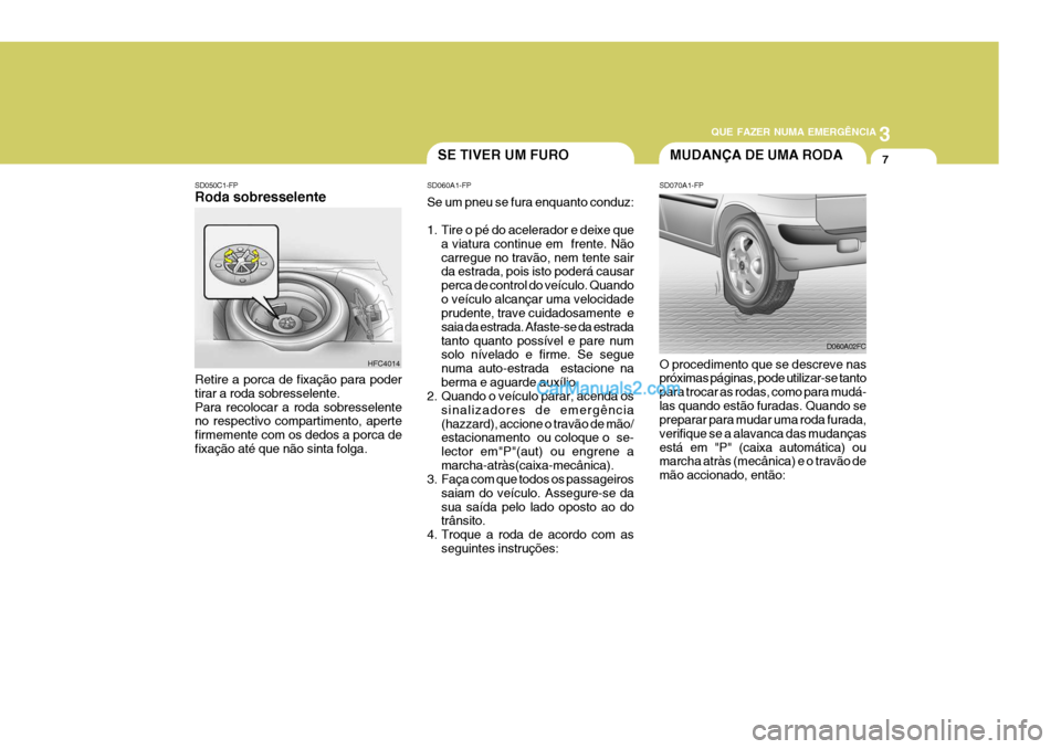 Hyundai Matrix 2006  Manual do proprietário (in Portuguese) 3
QUE FAZER NUMA EMERGÊNCIA
7SE TIVER UM FURO
SD050C1-FP Roda sobresselente
Retire a porca de fixação para poder tirar a roda sobresselente.Para recolocar a roda sobresselente no respectivo compart