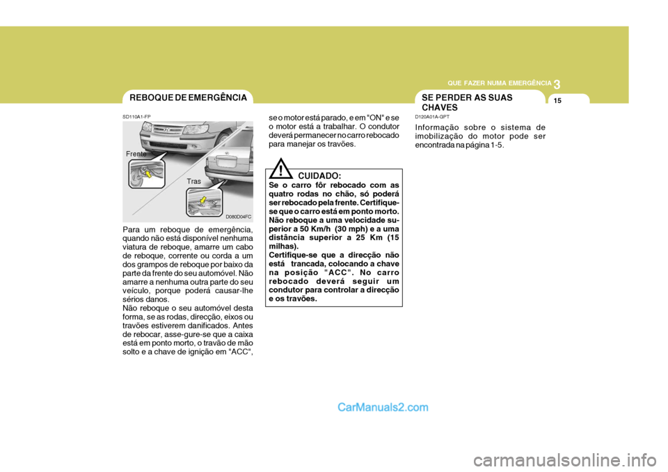 Hyundai Matrix 2006  Manual do proprietário (in Portuguese) 3
QUE FAZER NUMA EMERGÊNCIA
15
!
REBOQUE DE EMERGÊNCIA
SD110A1-FP Para um reboque de emergência, quando não está disponível nenhuma viatura de reboque, amarre um cabode reboque, corrente ou cord