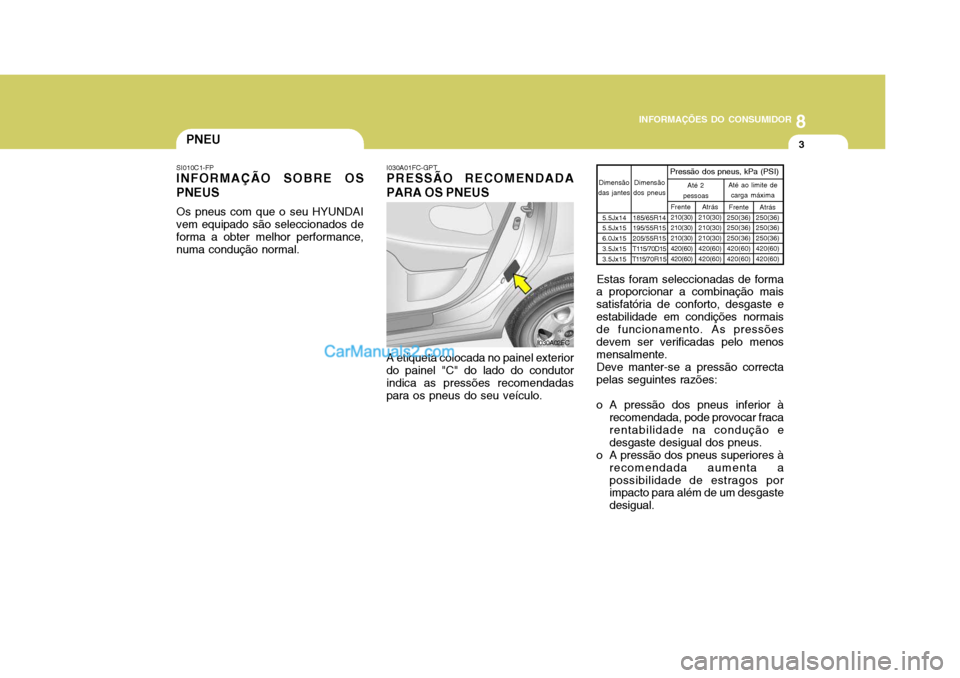 Hyundai Matrix 2006  Manual do proprietário (in Portuguese) 8
INFORMAÇÕES DO CONSUMIDOR
3PNEU
SI010C1-FP INFORMAÇÃO SOBRE OS PNEUS Os pneus com que o seu HYUNDAI vem equipado são seleccionados de forma a obter melhor performance, numa condução normal. I