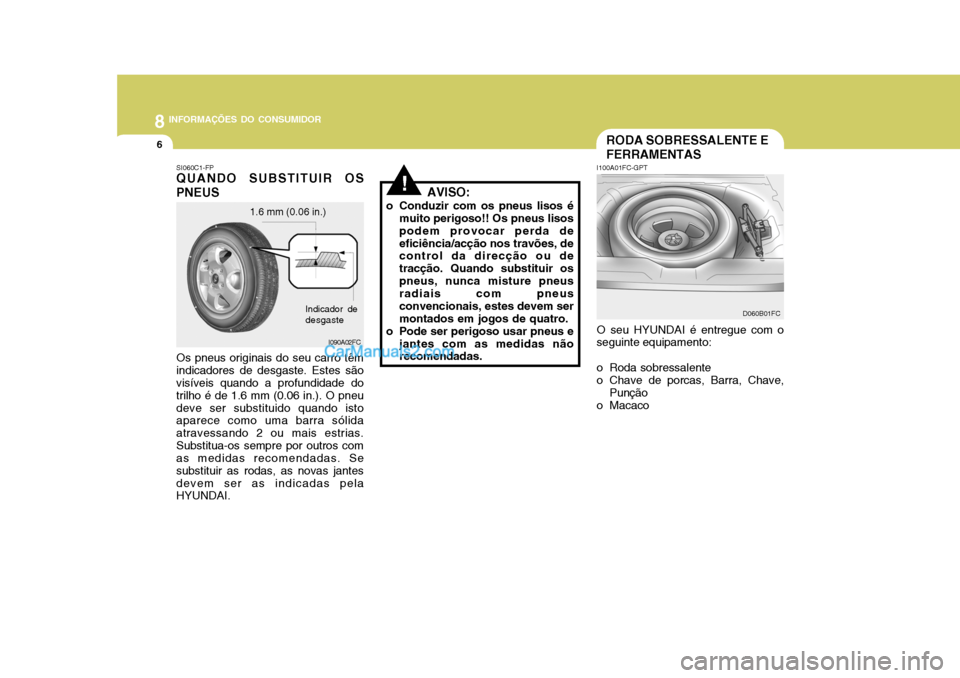 Hyundai Matrix 2006  Manual do proprietário (in Portuguese) 8INFORMAÇÕES DO CONSUMIDOR
6RODA SOBRESSALENTE E FERRAMENTAS
I100A01FC-GPT O seu HYUNDAI é entregue com o
seguinte equipamento: 
o Roda sobressalente 
o Chave de porcas, Barra, Chave, Punção
o Ma