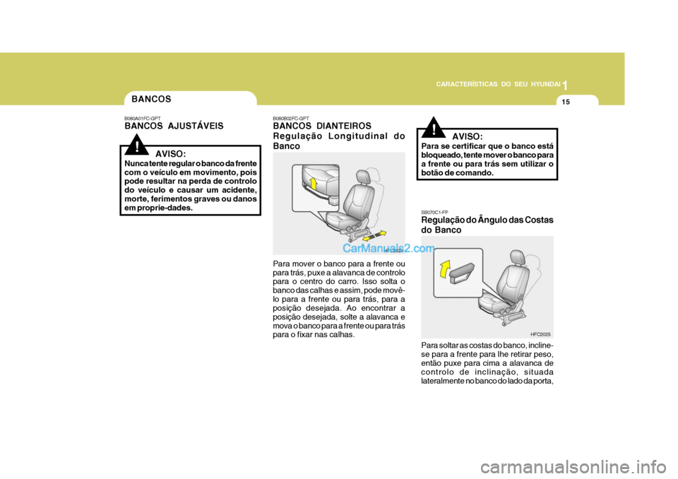 Hyundai Matrix 2006  Manual do proprietário (in Portuguese) CARACTERÍSTICAS DO SEU HYUNDAI1
15
1
15
1
15
CARACTERÍSTICAS DO SEU HYUNDAI
!
!
BANCOS
HFC2024
   AVISO:
Nunca tente regular o banco da frente com o veículo em movimento, pois pode resultar na perd