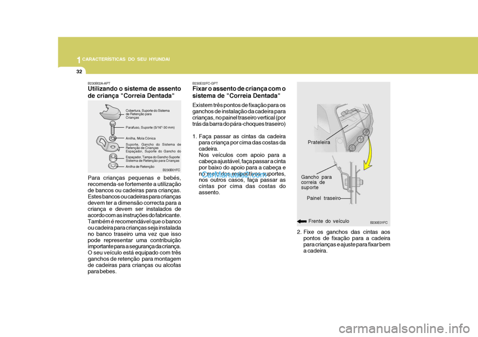 Hyundai Matrix 2006  Manual do proprietário (in Portuguese) 1CARACTERÍSTICAS DO SEU HYUNDAI
32
B230B01FC
B230B02A-APT Utilizando o sistema de assento de criança "Correia Dentada" Para crianças pequenas e bebés, recomenda-se fortemente a utilização de ban