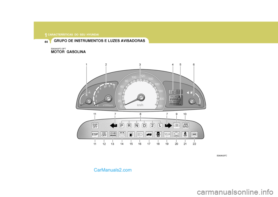 Hyundai Matrix 2006  Manual do proprietário (in Portuguese) 1CARACTERÍSTICAS DO SEU HYUNDAI
44GRUPO DE INSTRUMENTOS E LUZES AVISADORAS
B260A02FC-GPT MOTOR GASOLINA
B260A02FC   