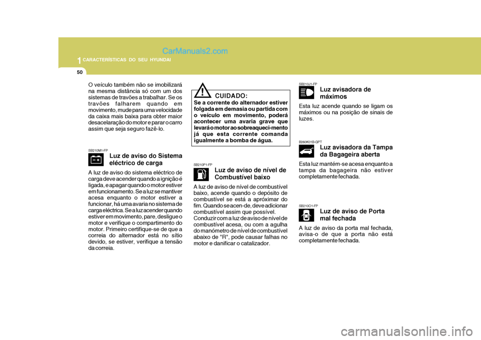 Hyundai Matrix 2006  Manual do proprietário (in Portuguese) 1CARACTERÍSTICAS DO SEU HYUNDAI
50
CUIDADO:
Se a corrente do alternador estiver folgada em demasia ou partida como veículo em movimento, poderá acontecer uma avaria grave que levará o motor ao sob