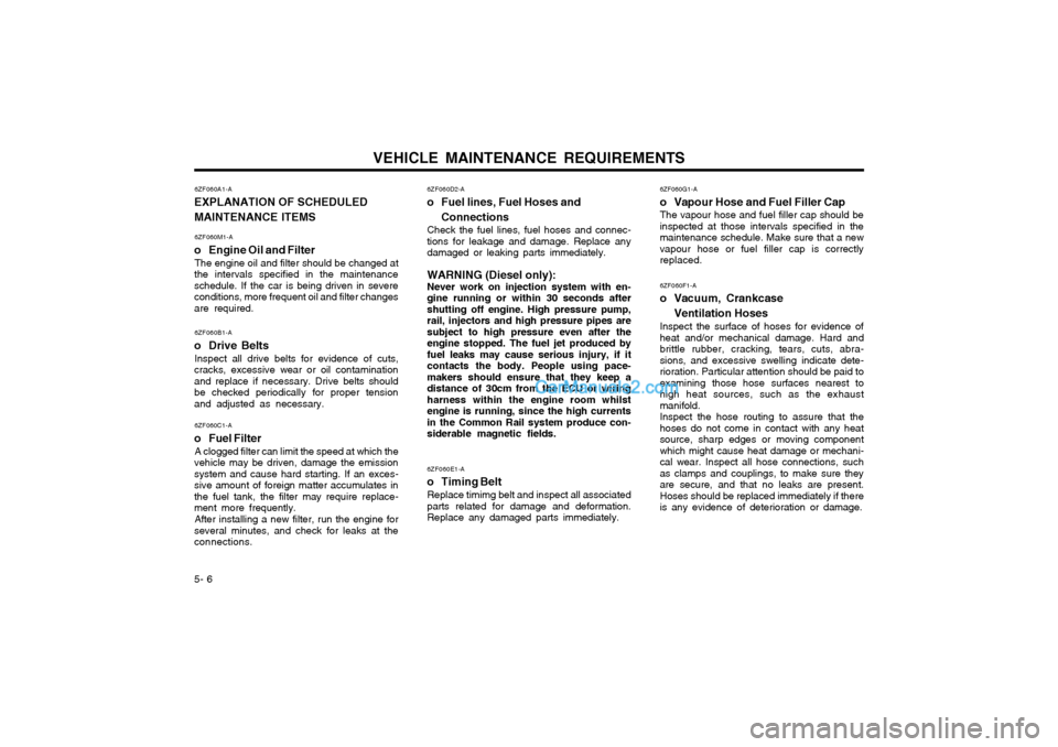 Hyundai Matrix 2005  Owners Manual VEHICLE MAINTENANCE REQUIREMENTS
5- 6 6ZF060D2-A
o Fuel lines, Fuel Hoses and
Connections
Check the fuel lines, fuel hoses and connec- tions for leakage and damage. Replace anydamaged or leaking parts