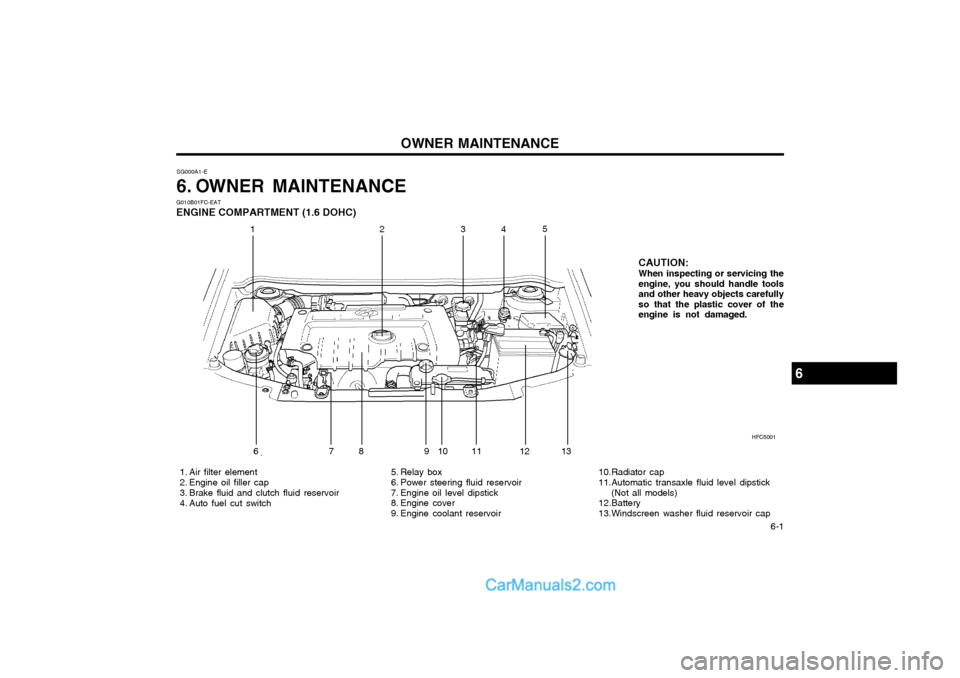 Hyundai Matrix 2005  Owners Manual OWNER MAINTENANCE  6-1
SG000A1-E 
6. OWNER MAINTENANCE
6
HFC5001
 1. Air filter element 
 2. Engine oil filler cap
 3. Brake fluid and clutch fluid reservoir
 4. Auto fuel cut switch  5. Relay box
 6.