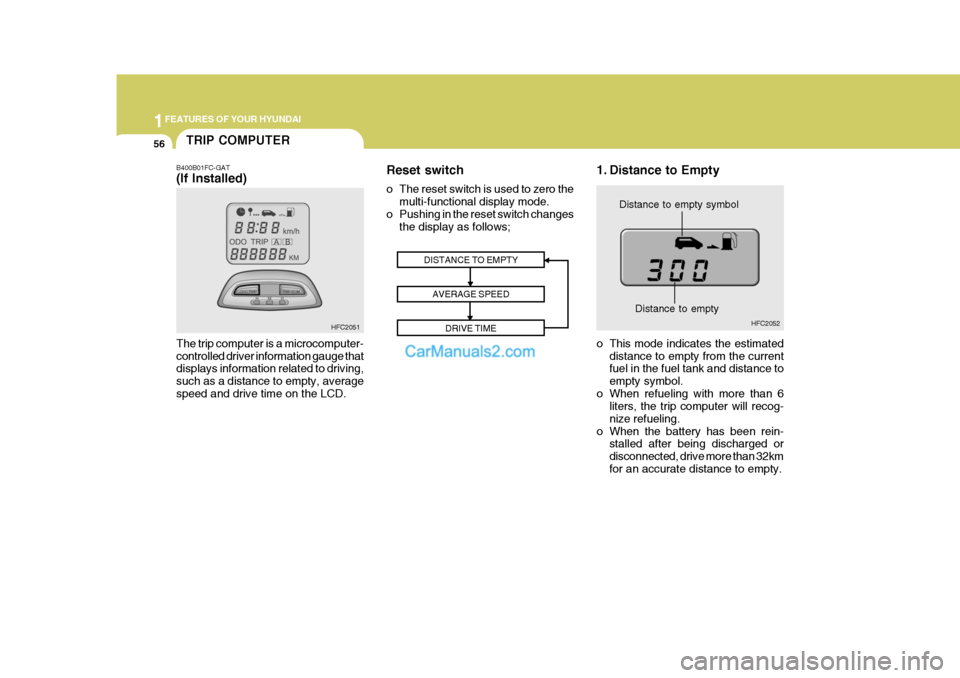 Hyundai Matrix 2005  Owners Manual 1FEATURES OF YOUR HYUNDAI
56TRIP COMPUTER
B400B01FC-GAT (If Installed) The trip computer is a microcomputer- controlled driver information gauge that displays information related to driving, such as a