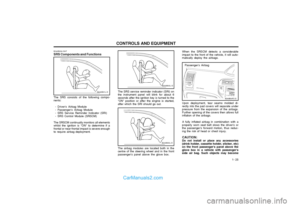 Hyundai Matrix 2005  Owners Manual  1- 25
CONTROLS AND EQUIPMENT
Passengers Airbag
B240B04FC-D
Upon deployment, tear seams molded di-
rectly into the pad covers will separate under pressure from the expansion of the airbags.Further op