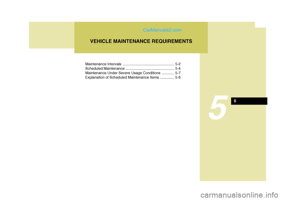 Hyundai Matrix 2005 User Guide Maintenance Intervals .................................................. 5-2 
Scheduled Maintenance ............................................... 5-4
Maintenance Under Severe Usage Conditions ......