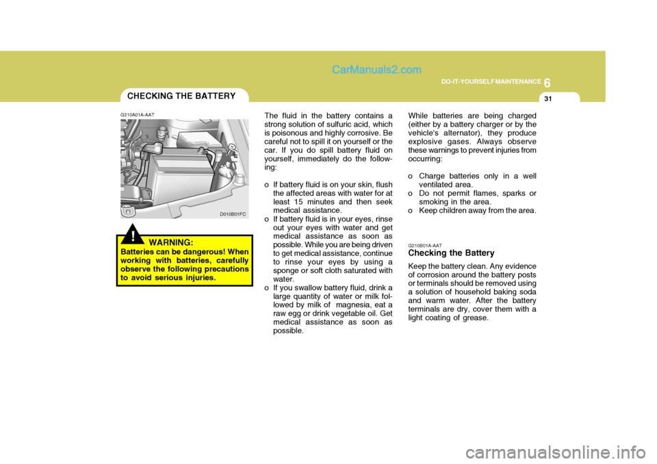 Hyundai Matrix 2005 Owners Manual 6
DO-IT-YOURSELF MAINTENANCE
31
G210B01A-AAT
Checking the Battery
Keep the battery clean. Any evidence of corrosion around the battery posts or terminals should be removed using a solution of househol Hyundai Matrix 2005 Owners Manual 6
DO-IT-YOURSELF MAINTENANCE
31
G210B01A-AAT
Checking the Battery
Keep the battery clean. Any evidence of corrosion around the battery posts or terminals should be removed using a solution of househol