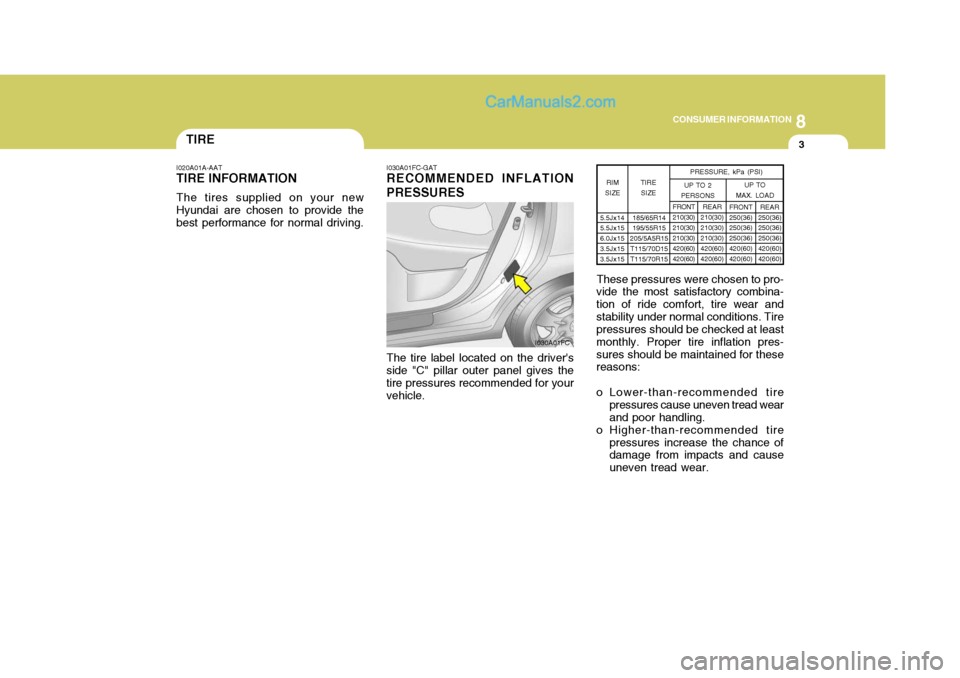 Hyundai Matrix 2005 Owners Manual 8
CONSUMER INFORMATION
3TIRE
I020A01A-AAT TIRE INFORMATION The tires supplied on your new Hyundai are chosen to provide the best performance for normal driving. I030A01FC-GAT RECOMMENDED INFLATION PRE Hyundai Matrix 2005 Owners Manual 8
CONSUMER INFORMATION
3TIRE
I020A01A-AAT TIRE INFORMATION The tires supplied on your new Hyundai are chosen to provide the best performance for normal driving. I030A01FC-GAT RECOMMENDED INFLATION PRE