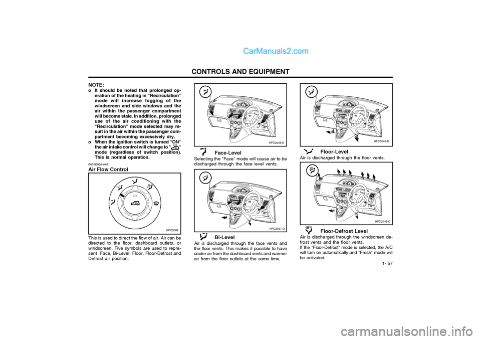 Hyundai Matrix 2005  Owners Manual  1- 57
CONTROLS AND EQUIPMENT
Face-Level
Selecting the "Face" mode will cause air to be discharged through the face level vents.
NOTE:
o It should be noted that prolonged op- eration of the heating in