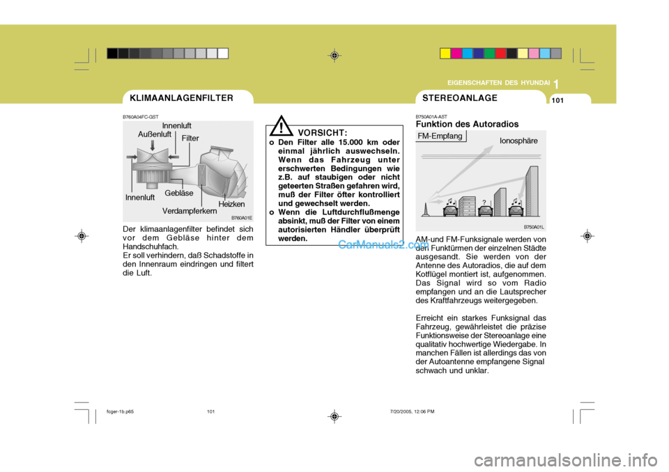 Hyundai Matrix 2005  Betriebsanleitung (in German) 1
EIGENSCHAFTEN DES HYUNDAI
101
1
EIGENSCHAFTEN DES HYUNDAI
101
1
EIGENSCHAFTEN DES HYUNDAI
101KLIMAANLAGENFILTER
B760A01EVerdampferkern Filter
Außenluft
lnnenluft lnnenluft
Gebläse
B760A04FC-GST De
