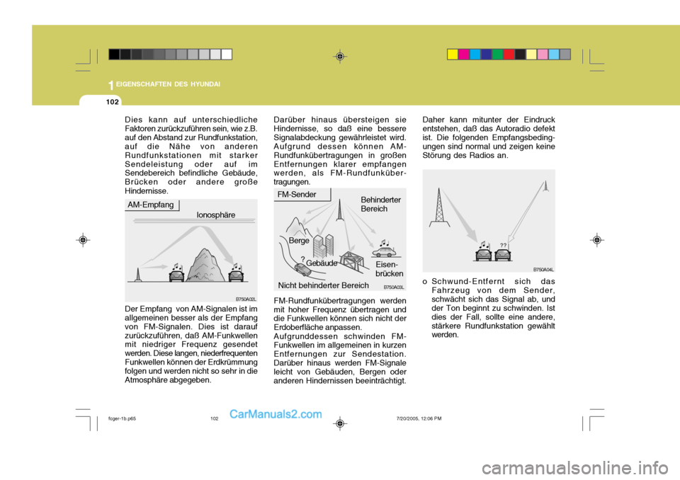Hyundai Matrix 2005  Betriebsanleitung (in German) 1EIGENSCHAFTEN DES HYUNDAI
102
B750A04L
Daher kann mitunter der Eindruck entstehen, daß das Autoradio defektist. Die folgenden Empfangsbeding- ungen sind normal und zeigen keine Störung des Radios a
