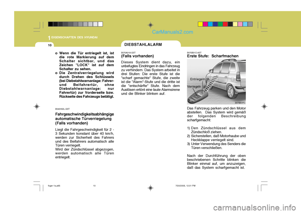 Hyundai Matrix 2005  Betriebsanleitung (in German) 1EIGENSCHAFTEN DES HYUNDAI
10
o Wenn die Tür entriegelt ist, istdie rote Markierung auf dem Schalter sichtbar, und das Zeichen "LOCK" ist auf dem Schalter zu sehen.
o Die Zentralverriegelung wird dur