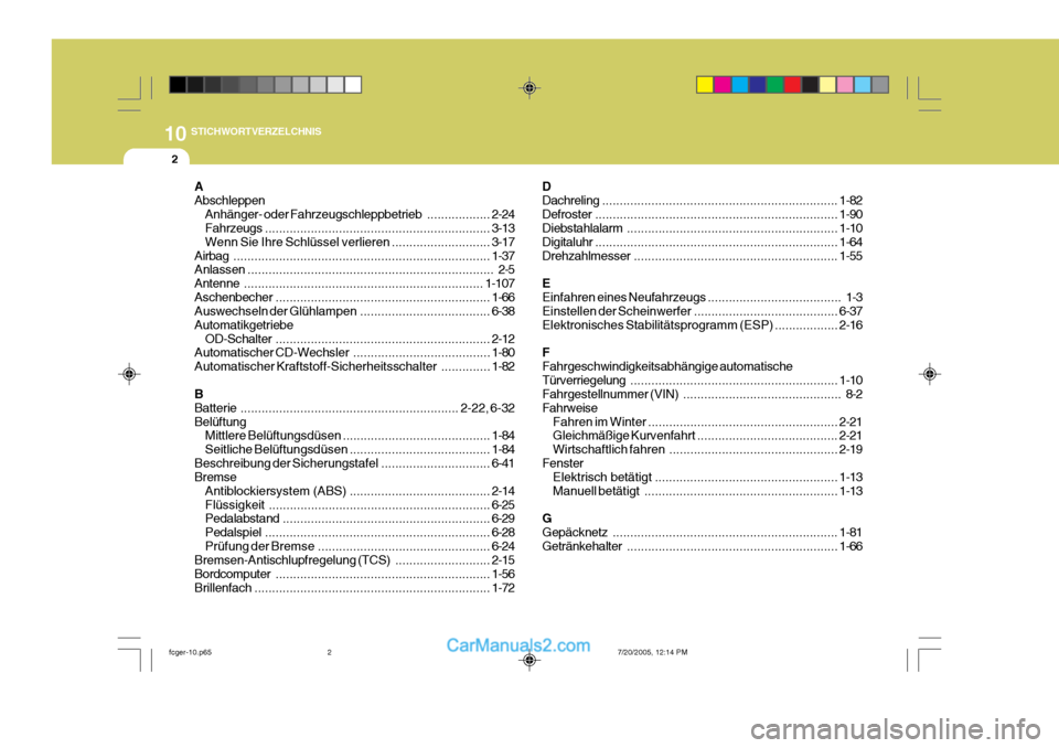 Hyundai Matrix 2005  Betriebsanleitung (in German) 10STICHWORTVERZELCHNIS
2A AbschleppenAnhänger- oder Fahrzeugschleppbetrieb ..................2-24
Fahrzeugs ................................................................ 3-13
Wenn Sie Ihre Schlüs