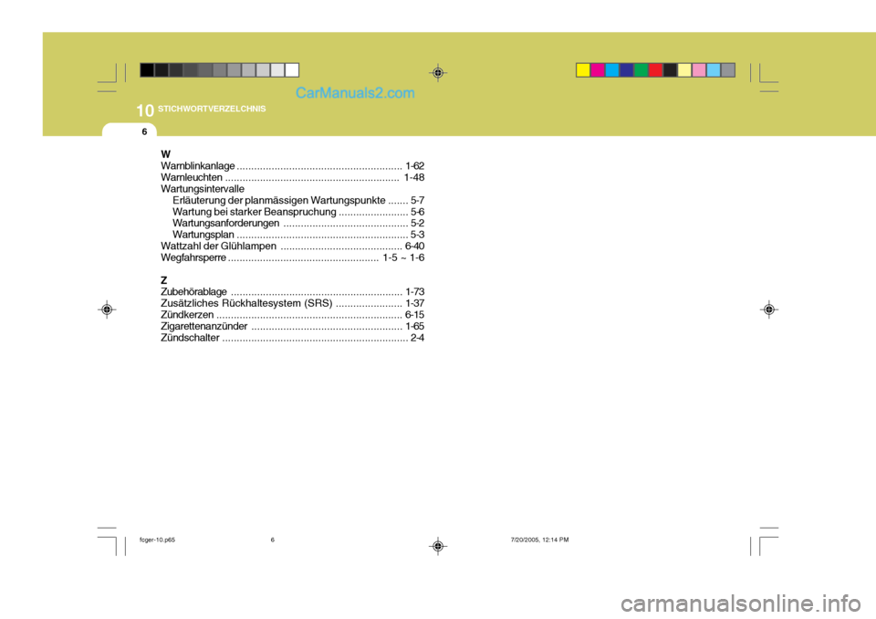 Hyundai Matrix 2005  Betriebsanleitung (in German) 10STICHWORTVERZELCHNIS
6W Warnblinkanlage ......................................................... 1-62
Warnleuchten ............................................................  1-48
Wartungsinterva